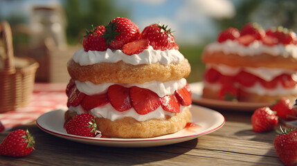 Delicate layered strawberry shortcake with whipped cream, perfect for a summer picnic in a scenic outdoor setting.
