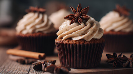 Spiced cupcakes with star anise sit on a wooden board, exuding warmth and autumnal charm. Sweet treat!