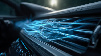 Futuristic digital airflow visualization inside a modern vehicle dashboard