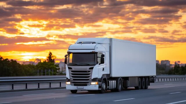 A white European truck with a loaded trailer drives into a vibrant orange sunset, showcasing international road freight on a highway.
