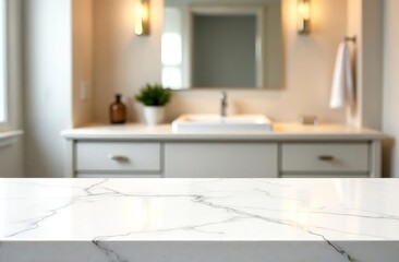 Empty marble table top on blurred minimalistic luxury bathroom at apartment, white day light, clean cozy colors. Place for product display, showing products, side view