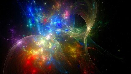 Abstract cosmic artwork featuring swirling nebulae in vibrant colors against a dark background