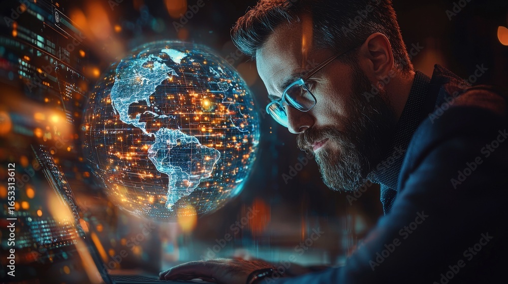 Poster man analyzing global digital network data with a futuristic world map display