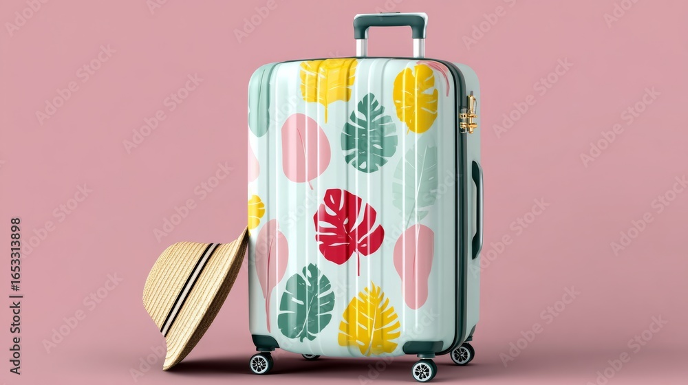 Poster a colorful suitcase with a leaf pattern sits on a pink background. a straw hat is placed on top of t