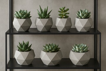 Succulent collection in geometric concrete planters on metal shelf