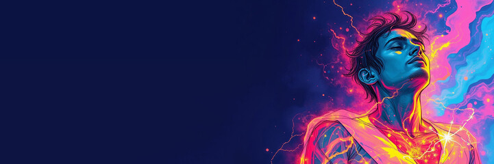 Illustration of a man in glowing swirls of energy against dark background, with copy space