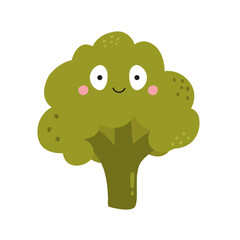 Vector Illustration of Funny Broccoli Character with Happy Face in Cute Flat Style, Playful Cartoon Vegetable.
