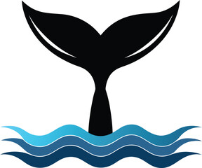 Fototapeta premium Black silhouette of a whale tail emerging from blue ocean waves on a white background vector
