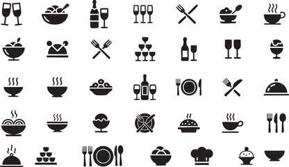 Catering icon set. Containing fork, spoon, knife, plate, cloche, tray, chef hat, beverage, food, dining table, and waiter. Cutlery or tableware in restaurant. Vector ...