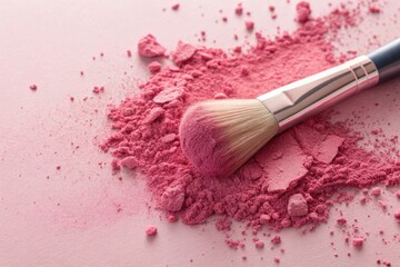 Close up of a makeup brush with pink powder on a pink background