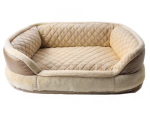 Comfortable pet bed with quilted pattern and bolster isolated on transparent background