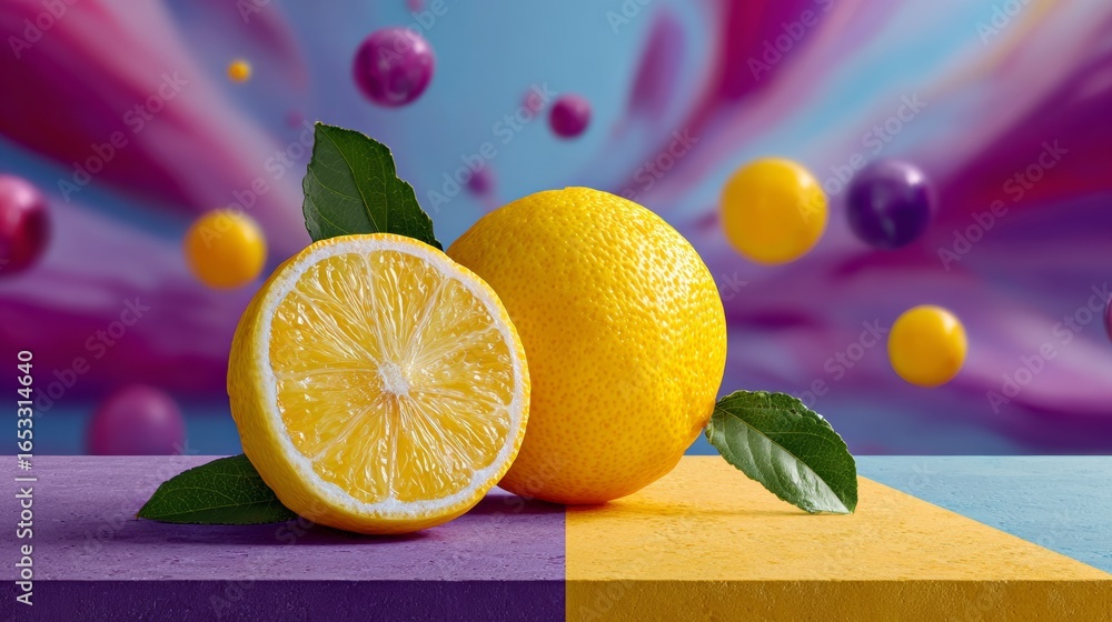 Aufkleber close up of a lemon and a lime on a table. the lime is on the right and the lemon is on the left