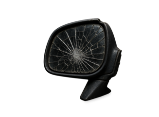 Close up of a shattered car side mirror with a web of cracks and fragments on a transparent background symbolizing damage and accident isolated on transparent background