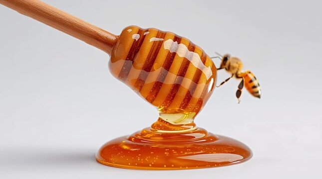 Honey dipper drizzles golden honey while a bee hovers nearby, capturing the essence of nature's sweetness and the intricate relationship between bees and honey