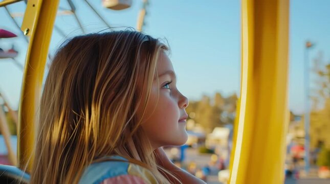 Young girl gazes thoughtfully from a colorful amusement ride, capturing the joy of childhood and the thrill of adventure in a vibrant outdoor setting