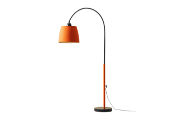 Black and orange floor lamp with an arched metal pole, featuring the shade on top of its base, isolated on a transparent background in PNG format.