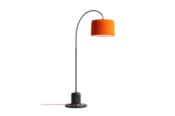 Black and orange floor lamp with an arched metal pole, featuring the shade on top of its base, isolated on a transparent background in PNG format.