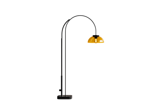 Black and orange floor lamp with an arched metal pole, featuring the shade on top of its base, isolated on a transparent background in PNG format.
