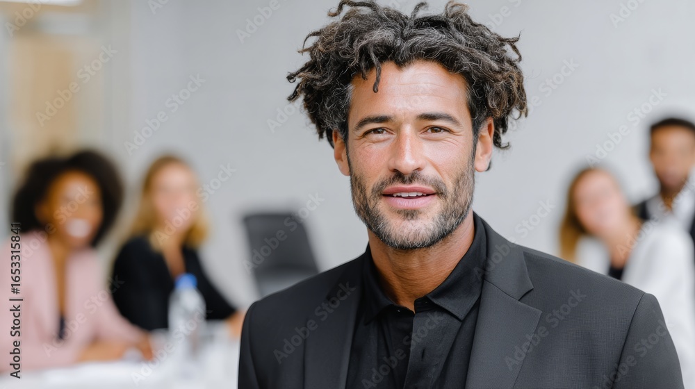 Poster man with a beard and a black suit is smiling at the camera. he is surrounded by other people, some o