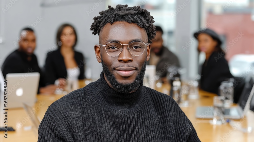 Aufkleber man with glasses and a beard sits at a table with other people. he is smiling and looking directly a