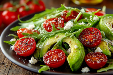 Fresh salad with cherry tomatoes, avocado, arugula, and feta cheese
