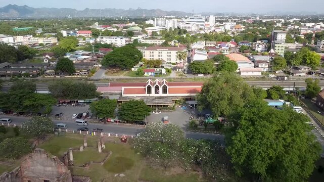 Aerial Drone Approach to Lopburi Train Station, Thailand