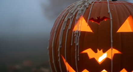 Carved Halloween pumpkin jack o lantern with glowing candle inside and melted wax dripping over surface, spooky eerie decoration, haunted horror autumn atmosphere and scary seasonal night festival