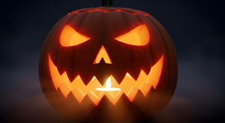 Close up of carved Halloween pumpkin jack o lantern with glowing candle light and sharp jagged teeth, spooky horror face expression, eerie autumn decoration, haunted festival ambience and scary 
