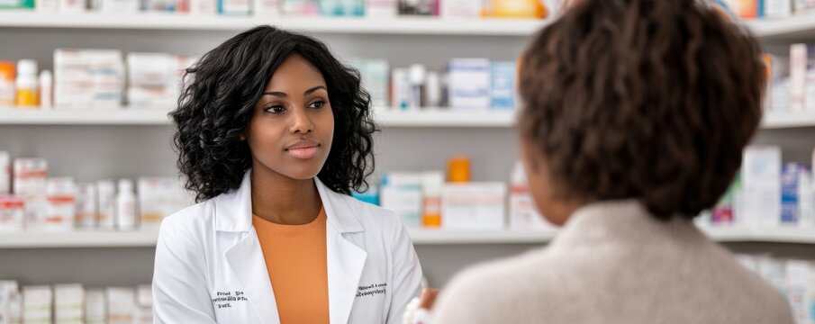 African American Pharmacist Consults Patient, Pharmacy ,Healthcare