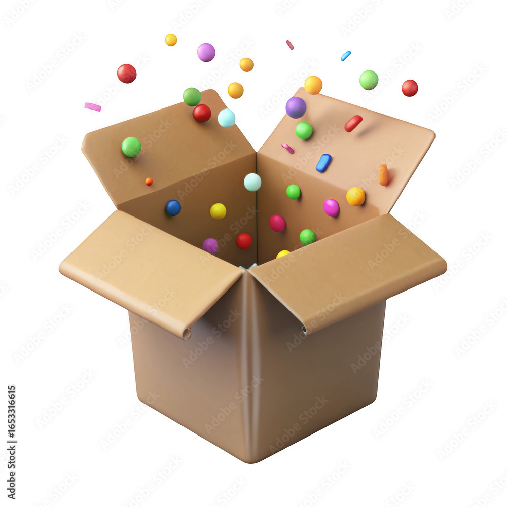 Poster 3d cardboard box with colorful balls exploding isolated on transparent background