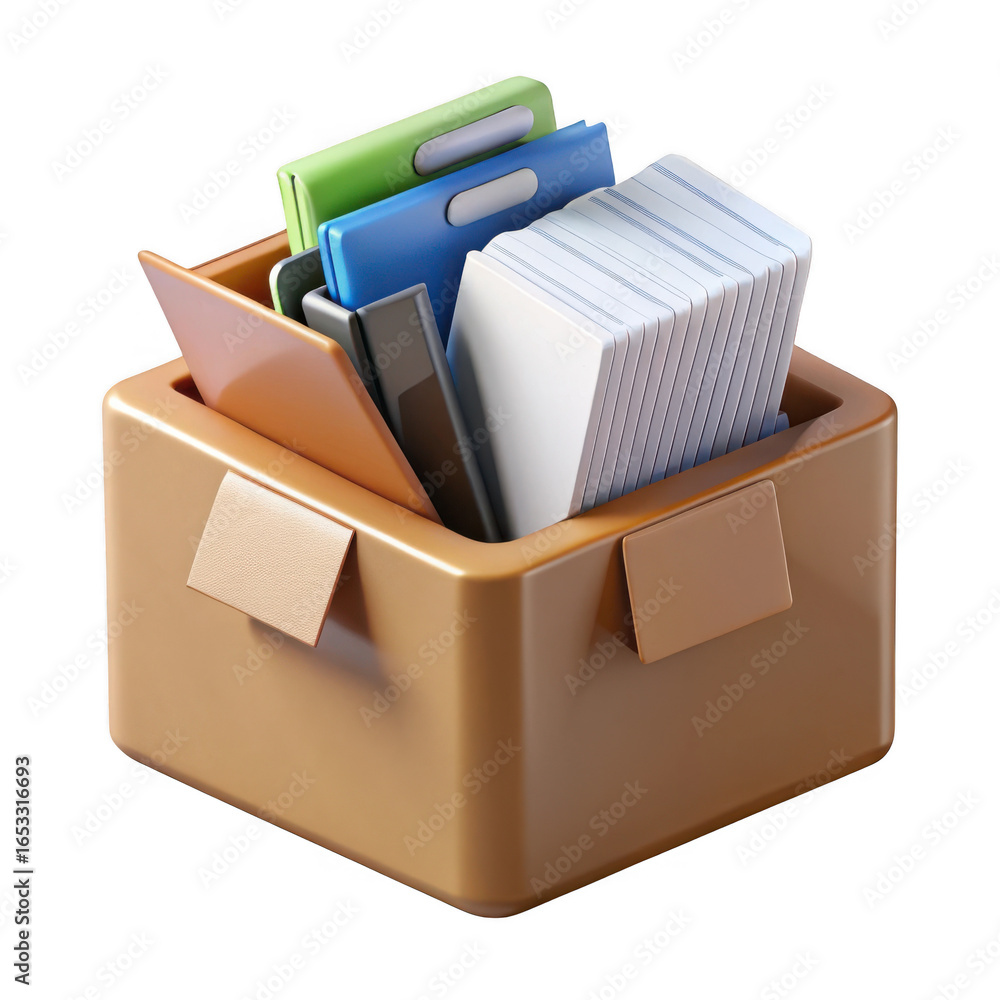 Poster 3d office organizer box with files and paper stack isolated on transparent background