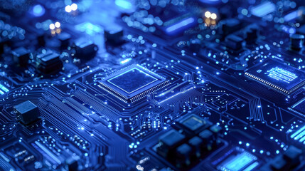 Close-up of a futuristic electronic circuit board with glowing blue integrated components