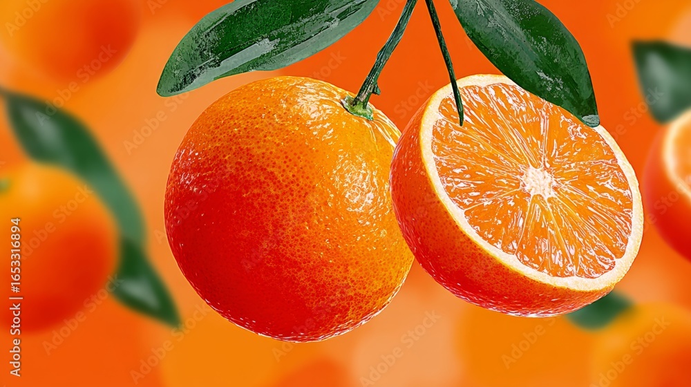 Poster two oranges hanging from a tree branch. one is whole and the other is cut in half. the oranges are b