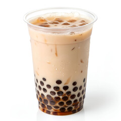 A glass of boba milk tea, creamy and light brown.
