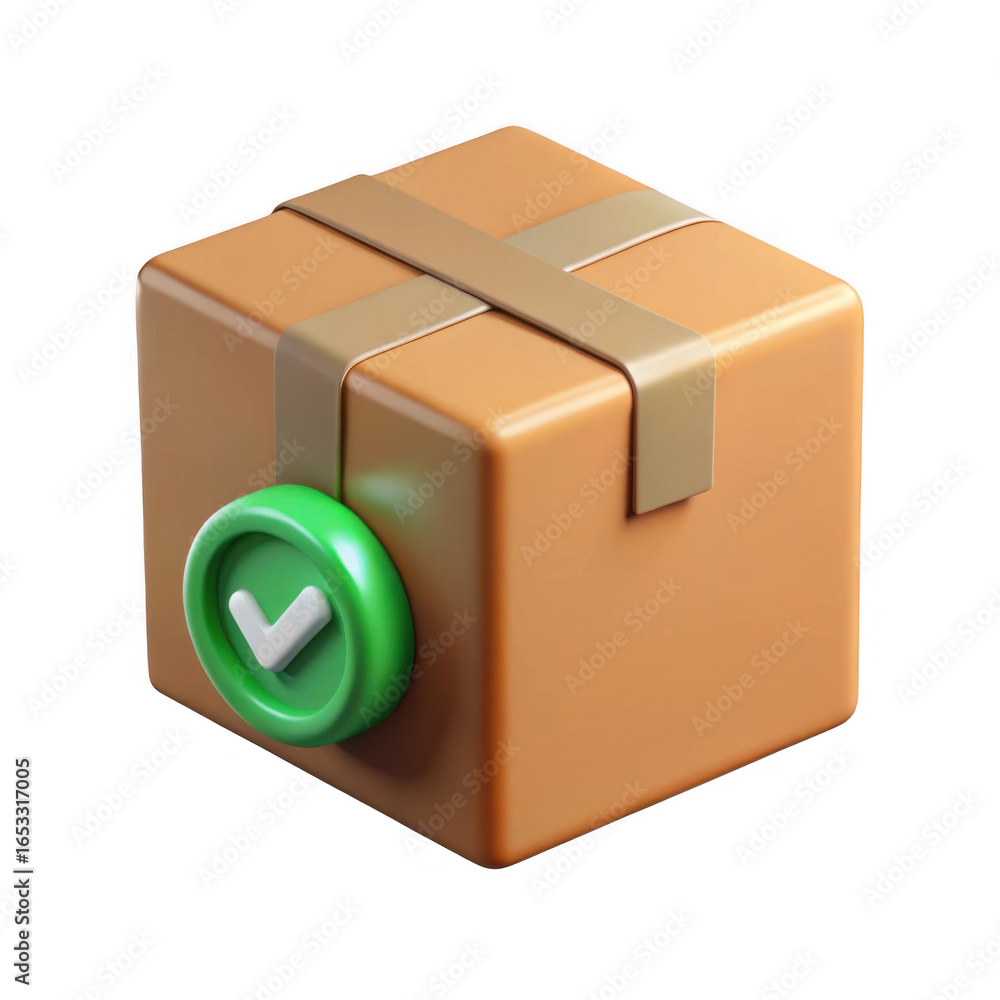 Poster 3d cardboard shipping box with checkmark icon isolated on transparent background