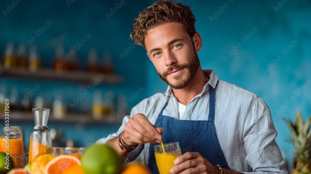 Aufkleber man in a blue apron is making a drink with a straw. he is standing in front of a table with a variet