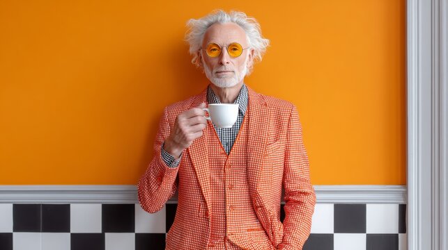 Man in an orange suit holding a cup of coffee. The man is wearing glasses and has a beard. The orange suit is patterned with black and white squares - Powered by Adobe