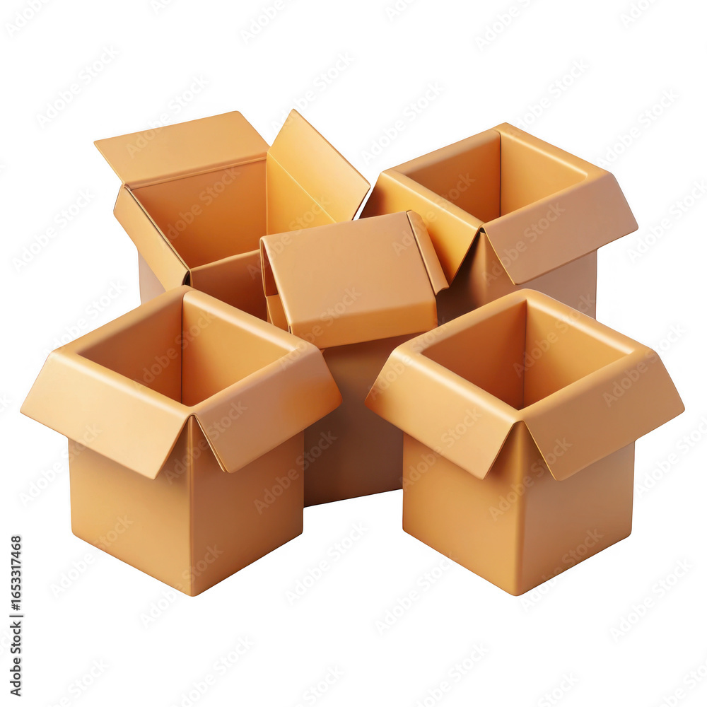 Poster 3d cardboard boxes stacked and open isolated on transparent background