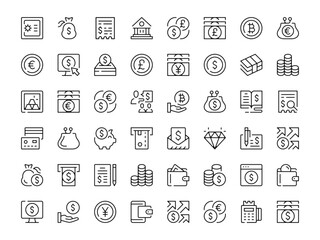 Money icon set. Vector line icons collection. Outline symbols. Modern design
