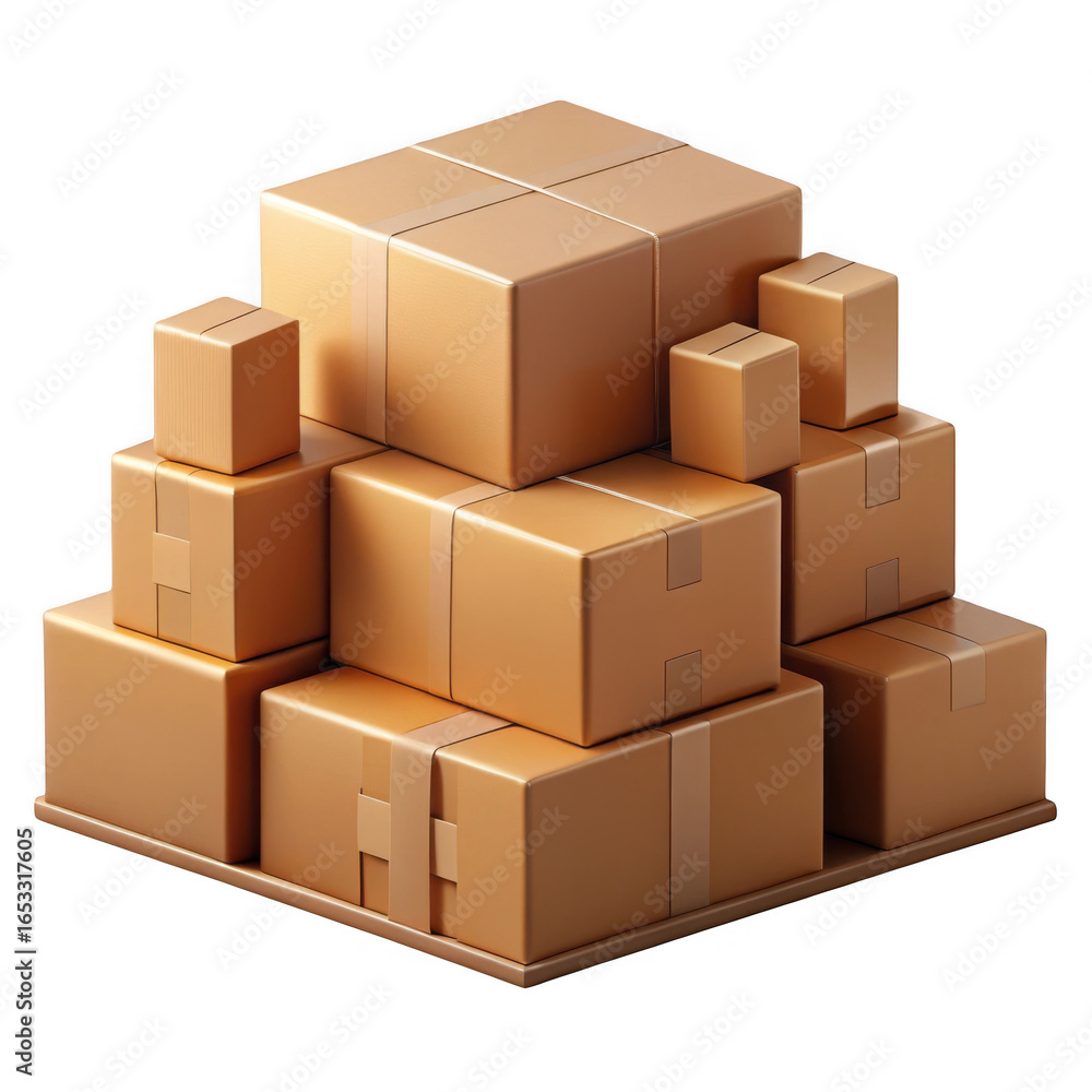 Poster 3d stack of cardboard boxes on pallet isolated on transparent background