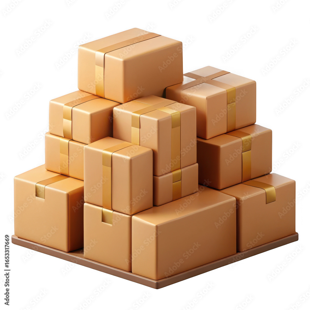 Poster 3d stack of cardboard boxes isolated on transparent background