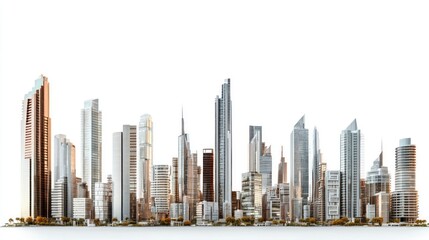 Urban city skyline featuring a collection of modern skyscrapers, isolated on a white background, symbolizing a bustling financial district.