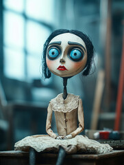 A hauntingly beautiful marionette sits on an old workbench in the abandoned workshop, rendered in a stylized, eerie 2D cartoon style.