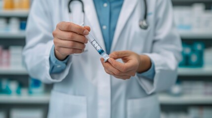 Doctor Holds Syringe with Blue Liquid, medication , vaccine