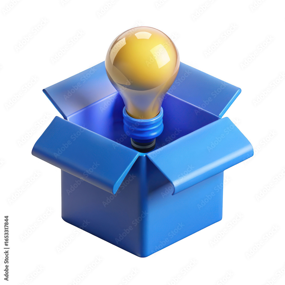 Poster 3d lightbulb in open blue box isolated on transparent background