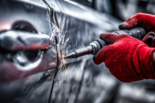 Car repair in progress with sparks flying from welding on the vehicle's body