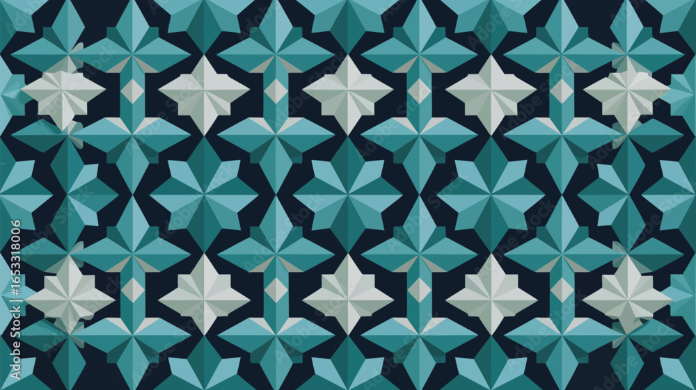 Poster a repeating pattern of teal and white star shapes on a dark blue background creating a geometric des