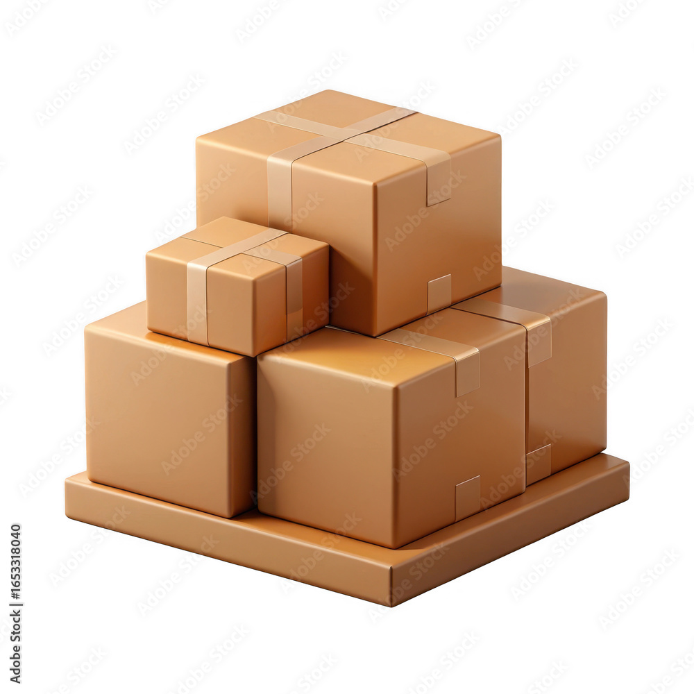 Poster 3d stack of cardboard boxes isolated on transparent background