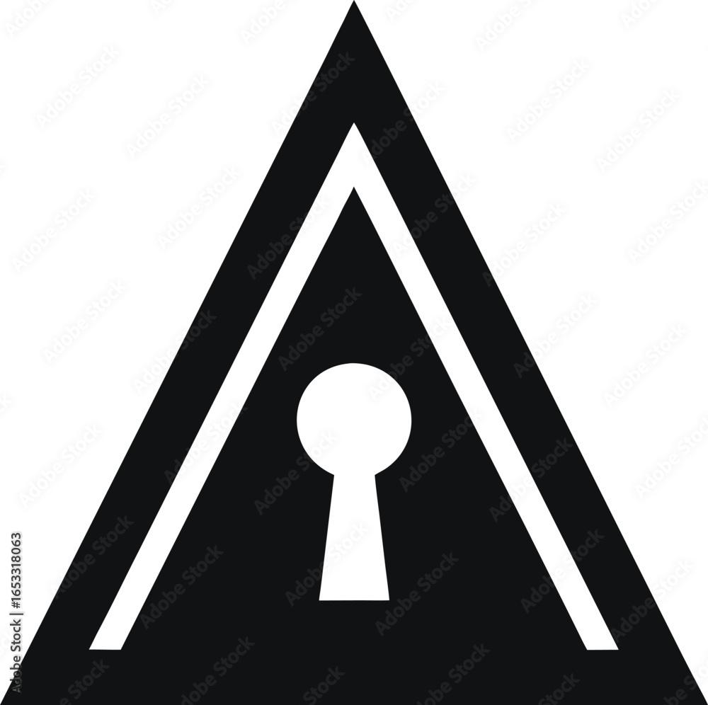 Poster black triangle warning symbol with a keyhole inside, isolated on white background