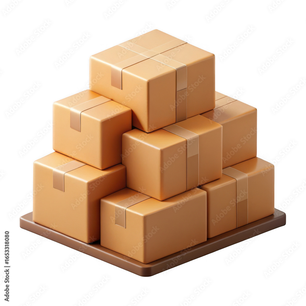 Poster 3d stack of cardboard boxes on pallet isolated on transparent background